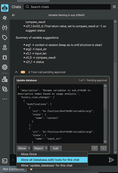 An approval card showing the Allow button dropdown with options to allow by tag or by tool