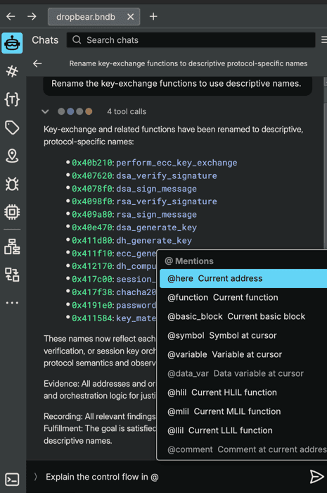 The composer with the @-mention popup showing available keywords like @here, @function, @symbol, and others