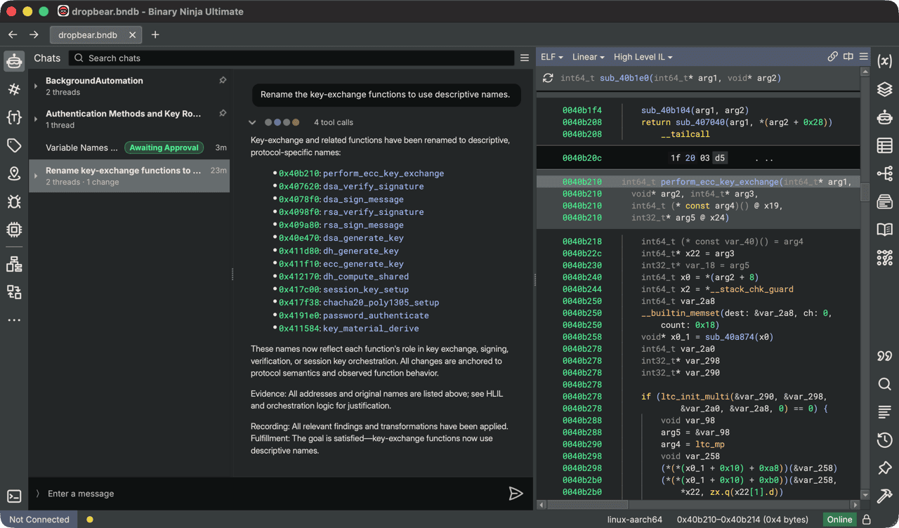 The Chat sidebar in wide layout showing the thread list, an active conversation, and the message composer