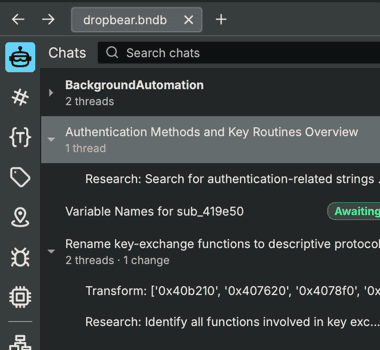 The Chat list showing a parent thread with indented child threads and activity metrics
