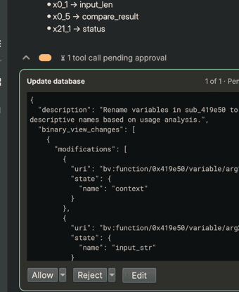 A tool group expanded to show tool calls accented in blue for reads and orange for writes