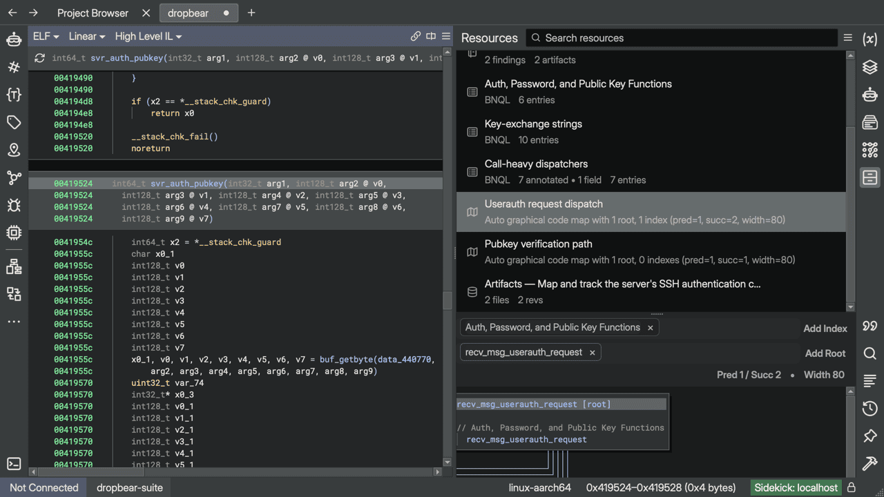 The Sidekick Resources sidebar alongside the Binary Ninja disassembly view, with the browse list showing two named code maps among the workspace resources and the detail view showing an auto-mode code map graph of the userauth dispatch functions connected by directed call edges