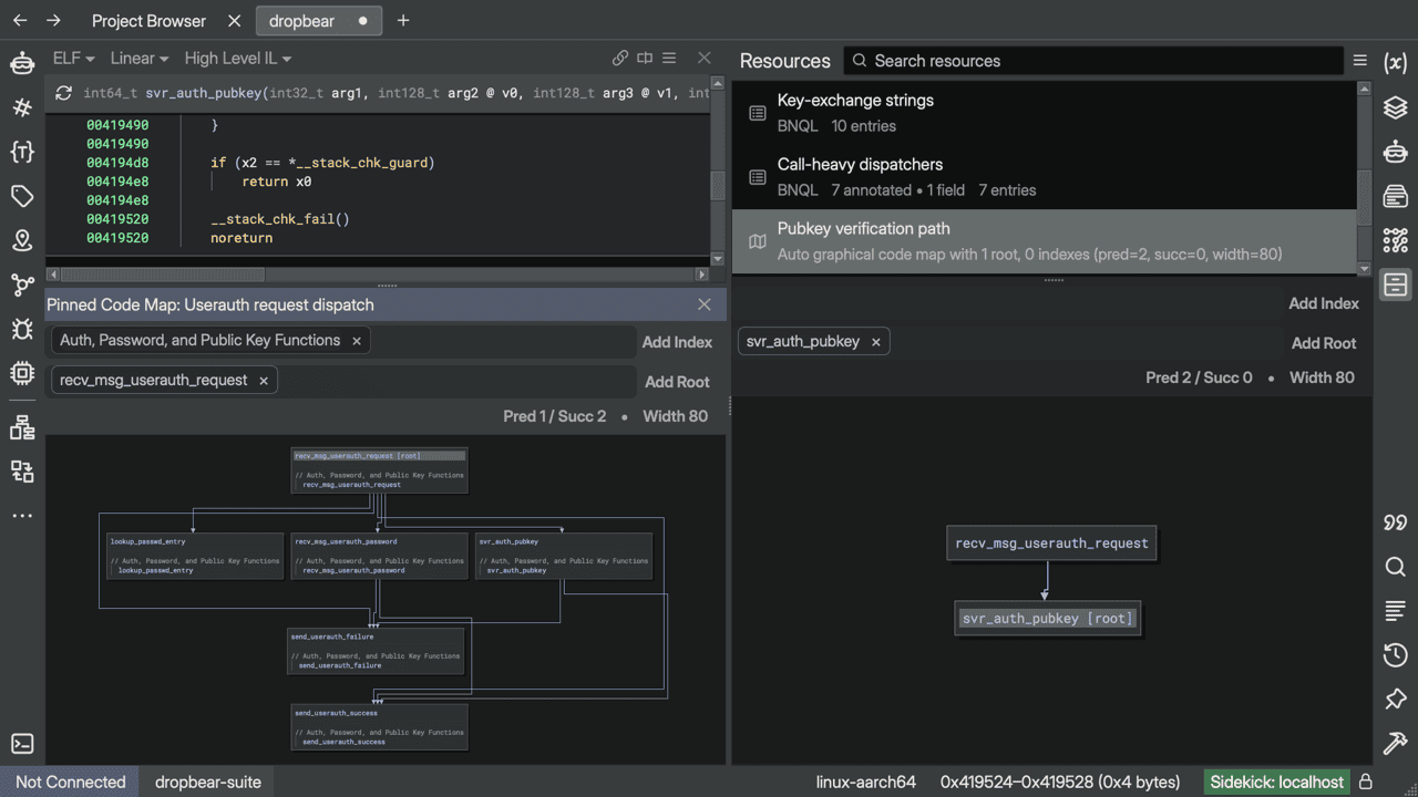 The Binary Ninja window with High Level IL on top and a pinned Userauth request dispatch code map pane below it, while the Resources sidebar on the right independently shows a different map selected in the browse list