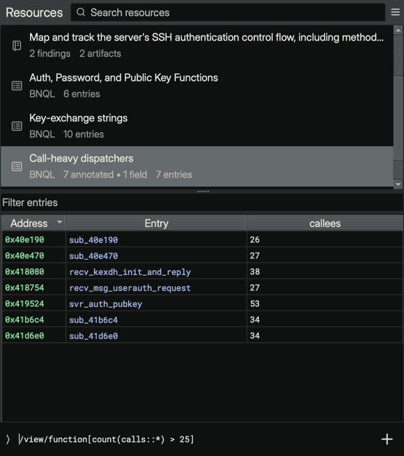 The Sidekick Resources sidebar with three BNQL indexes in the browse list and the Call-heavy dispatchers index open in the detail view, showing Address, Entry, and a callees metadata column with the Query Editor below
