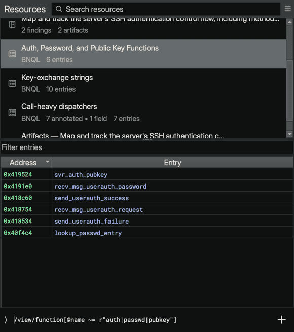 Sidekick Resources just after running a BNQL query: the new auto-named index is selected in the browse list with a 6 entries subtitle, its entry table is populated, and the Query Editor shows the query that was run