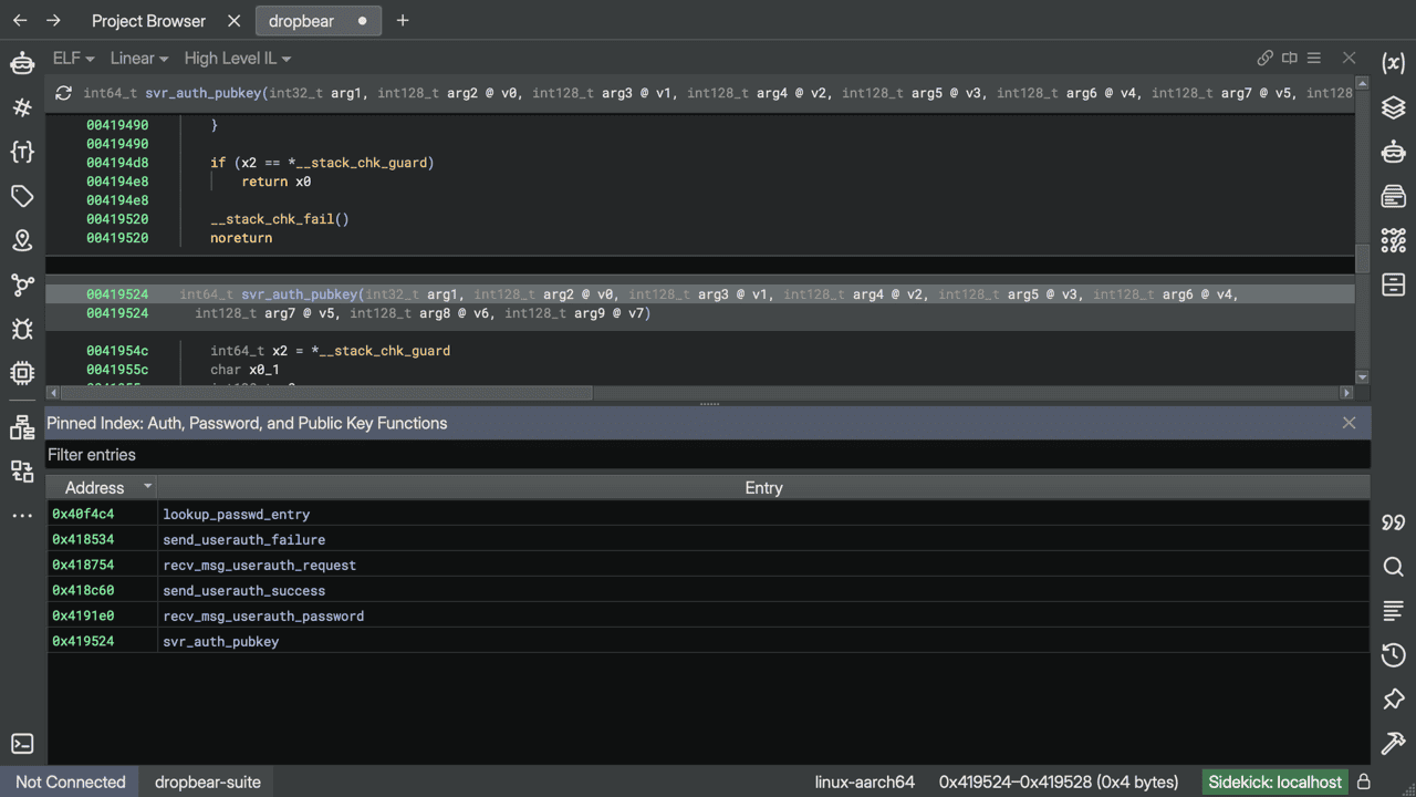 The Binary Ninja window split horizontally with High Level IL on top and the pinned Auth, Password, and Public Key Functions index pane below, showing the Filter entries box and the Address and Entry columns