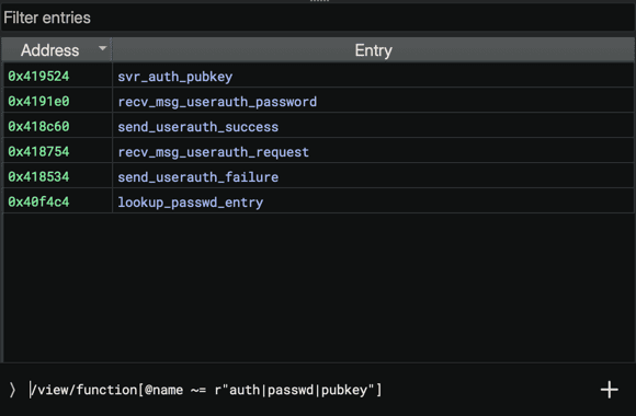 The index detail with the Query Editor below the entry table, containing the BNQL query /view/function[@name ~= r"auth|passwd|pubkey"]