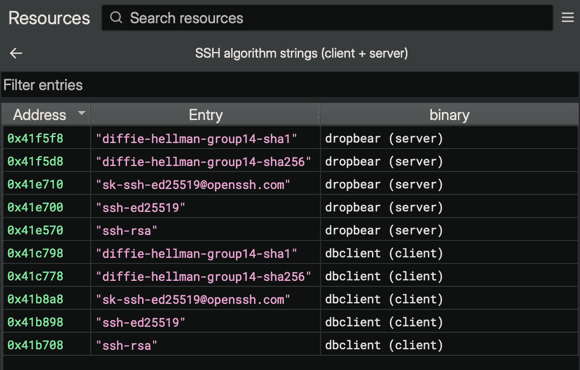 A BNQL index built from a cross-binary string query, its detail table showing the same SSH algorithm strings found in both dropbear (server) and dbclient (client), with a Binary column labeling the source of each row