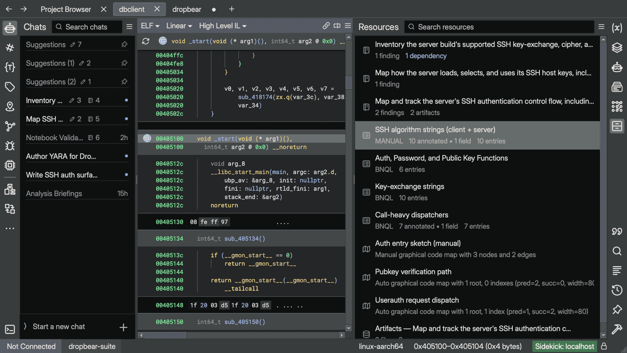 The dropbear-suite project open with dbclient and dropbear tabs in the tab bar, and the Sidekick Chats sidebar showing a single shared thread list — Suggestions, notebook sessions, YARA authoring, and Analysis Briefings — spanning the whole workspace rather than any one binary