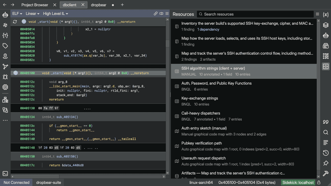 The dbclient tab active and showing its own disassembly in the center pane, while the Sidekick Resources sidebar on the right shows the same workspace-wide list of notebook entries, indexes, and code maps — unchanged from the dropbear tab