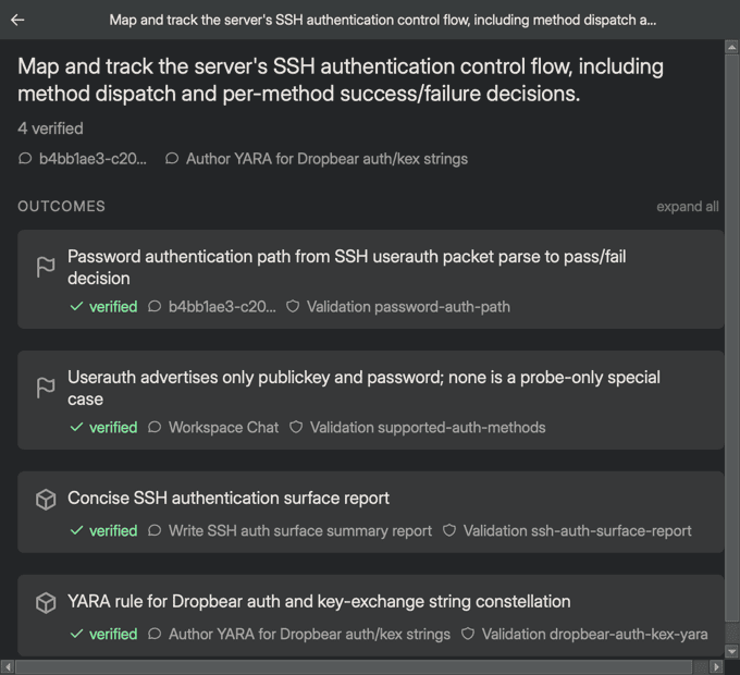 A notebook entry's detail pane with the header, verified-outcome count, and the OUTCOMES section listing its finding and artifact cards