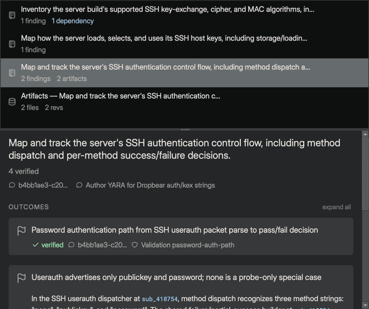 The Resources sidebar in stacked split layout: the browse list with several notebook entries on top, one selected, and its detail with the OUTCOMES cards below
