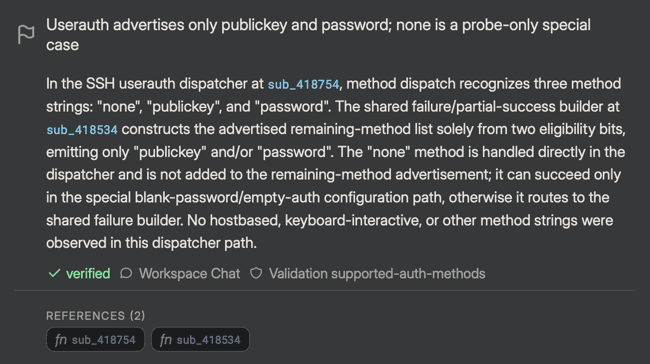 An expanded outcome card showing its kind badge, title, anchored description with inline code references, a verified provenance footer, and the REFERENCES chip group