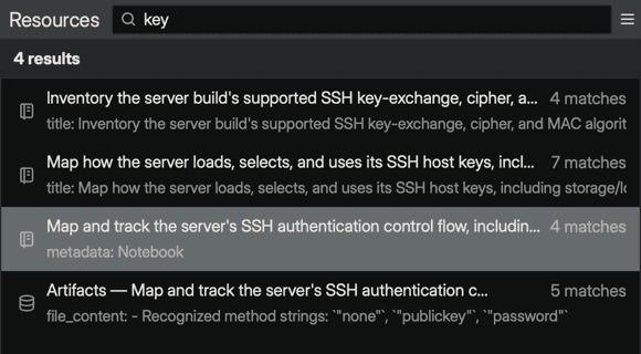 The Resources search box with the query "key", showing filtered results each with a match count and the matching text (title, metadata, or file content)