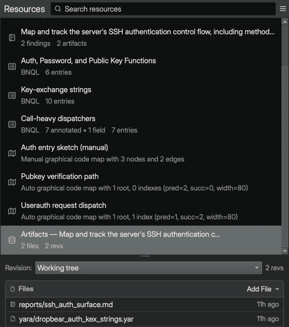 The Sidekick Resources sidebar in split layout, the browse list showing a notebook entry, three indexes, three code maps, and the selected workspace repository — each with a distinct kind icon — and the detail view below showing the repository's Working tree revision and file list