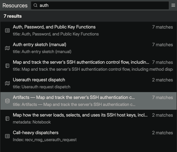 The Resources search box with the query "auth" showing 7 results across indexes, code maps, a notebook, and the repository, each with a match-count and the matching field shown as a subtitle