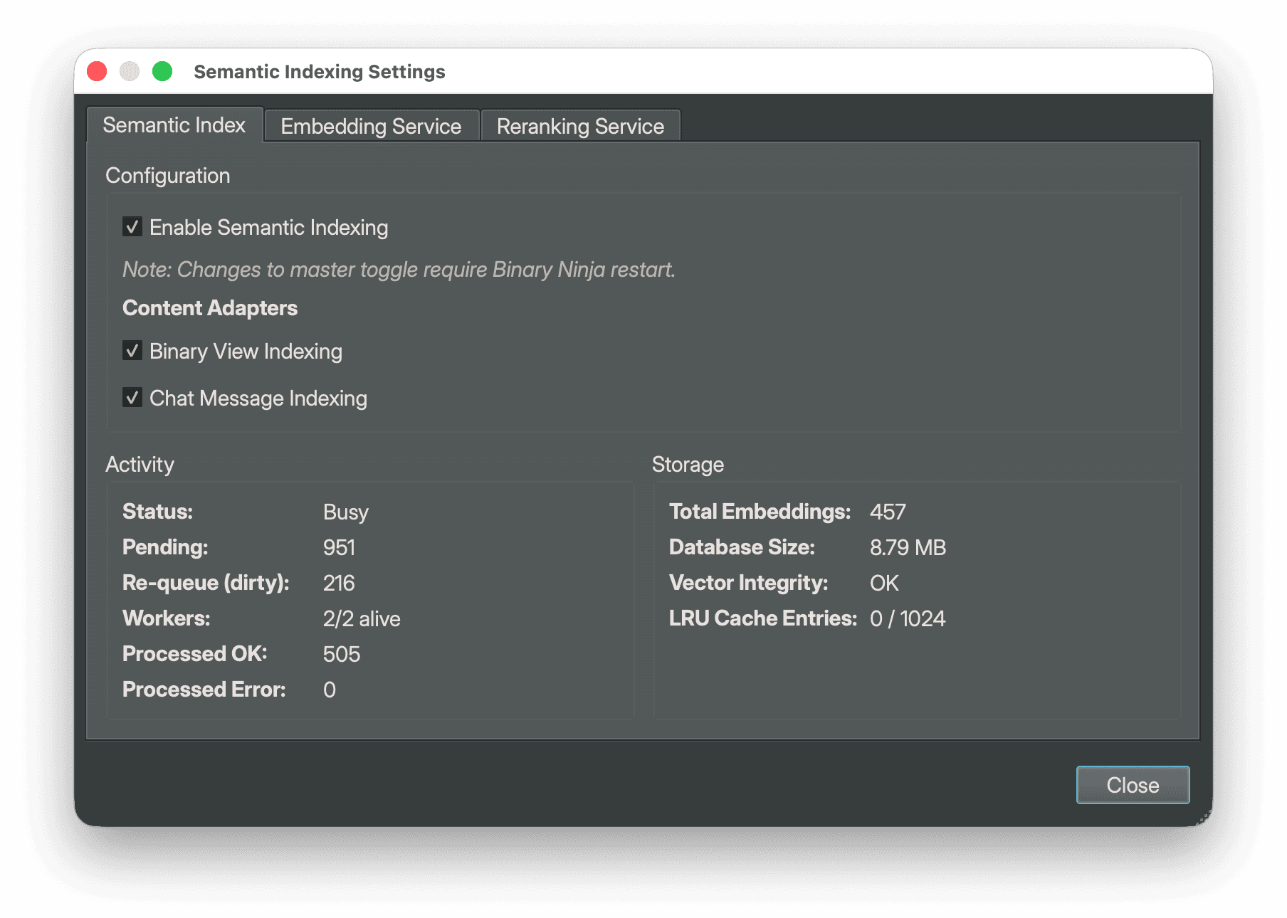 Semantic Indexing Settings dialog showing the Semantic Index tab