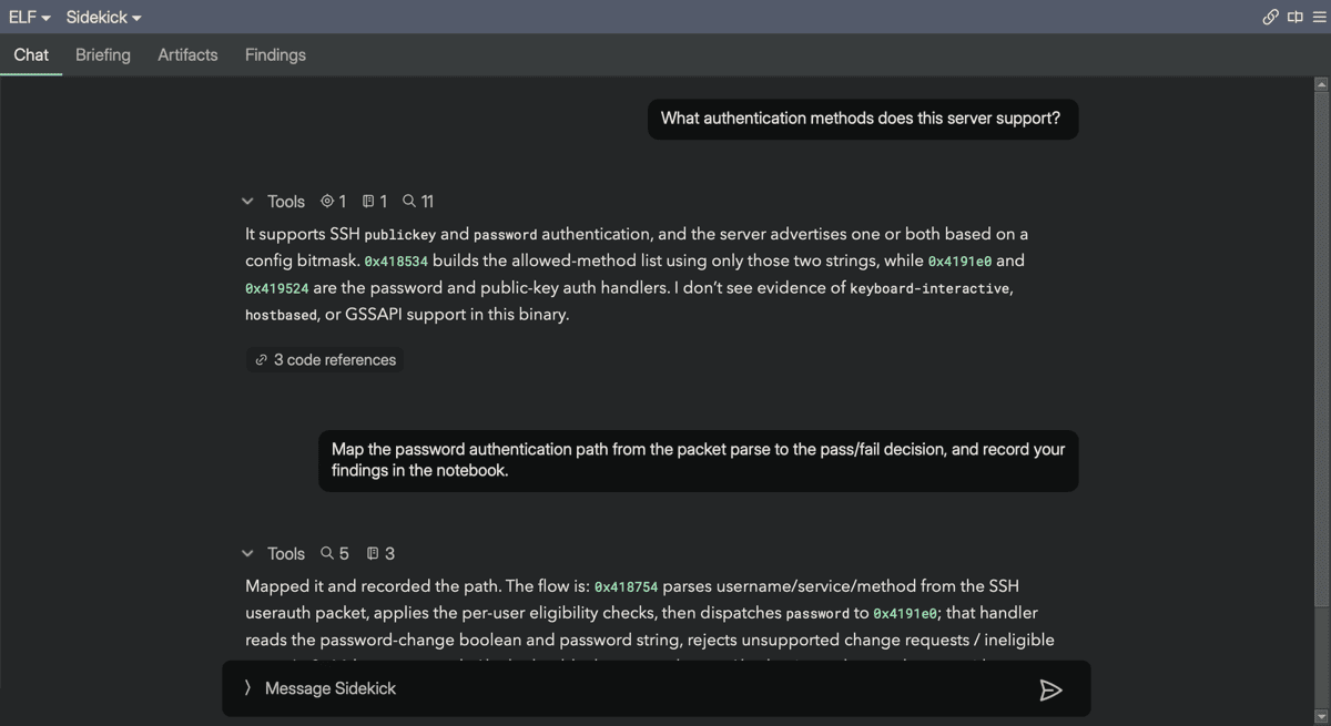 The Sidekick view in the center pane with the Chat tab active, showing a two-message conversation with expandable tool groups, findings, and code references