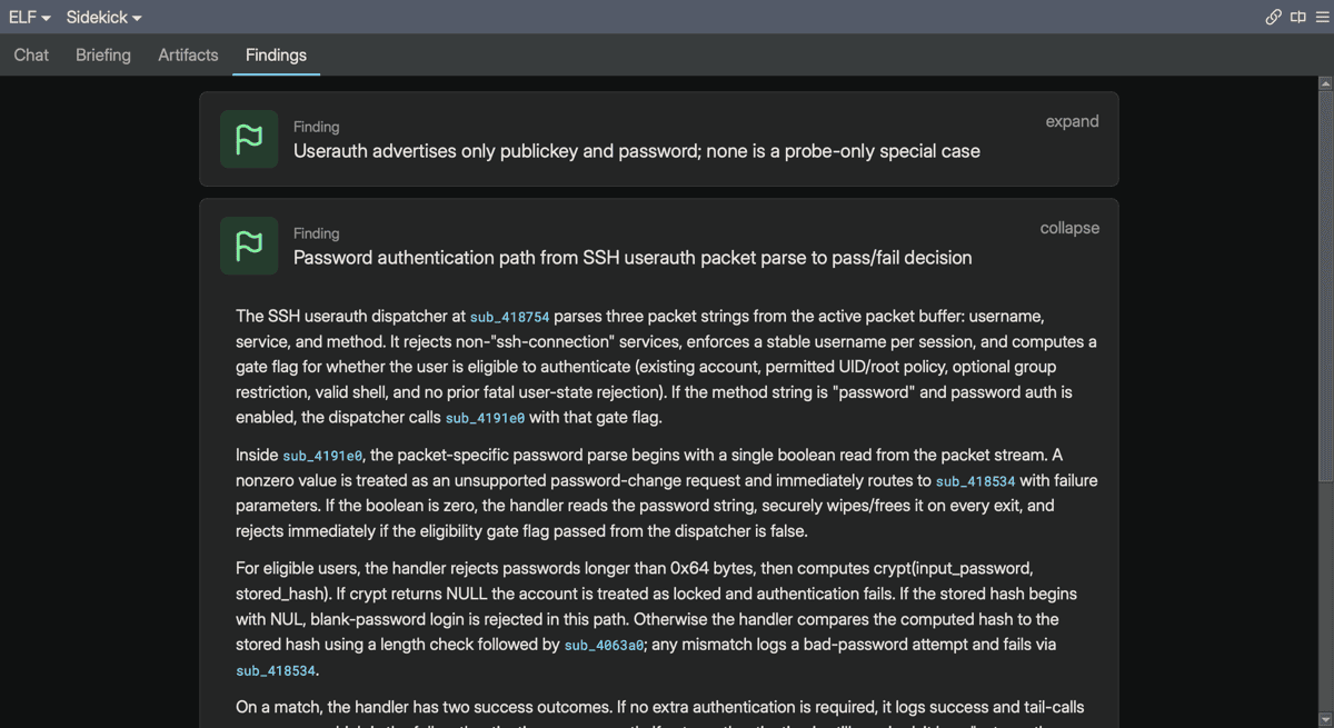 The Findings tab showing two finding cards, one expanded to reveal its full anchored description with code references
