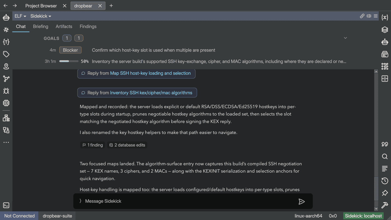 The Chat tab with the work queue drawer expanded at the top, showing an open-blocker row with a "Blocker" chip ("Confirm which host-key slot is used when multiple are present") above a task row with a 50% progress bar for the SSH algorithm-inventory entry, with the conversation below