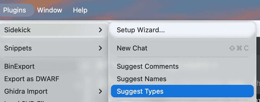 Plugins > Sidekick submenu showing suggestion menu items