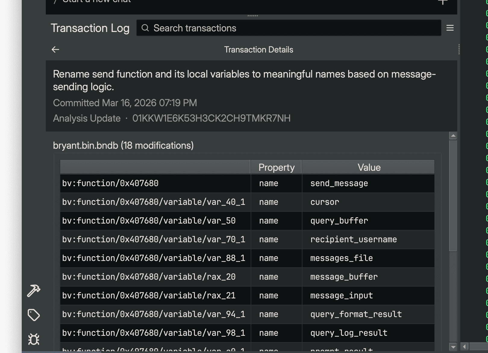 Transaction Log sidebar showing a Suggest Names transaction with modification details
