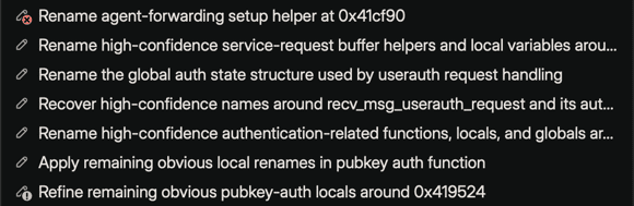 Transaction rows with a red cross badge on a rejected rename and an orange exclamation badge on a failed transaction, among unbadged committed rows