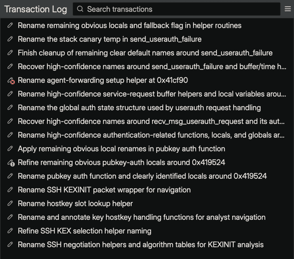 The Transaction Log sidebar showing a list of transactions recorded while Suggest Names ran over the dropbear authentication and key-exchange functions