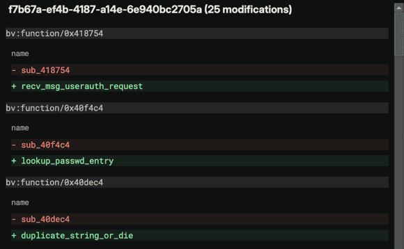 An Analysis Update detail with 25 modifications, each showing the function URI, the name property, and the prior and new values as red and green diff lines